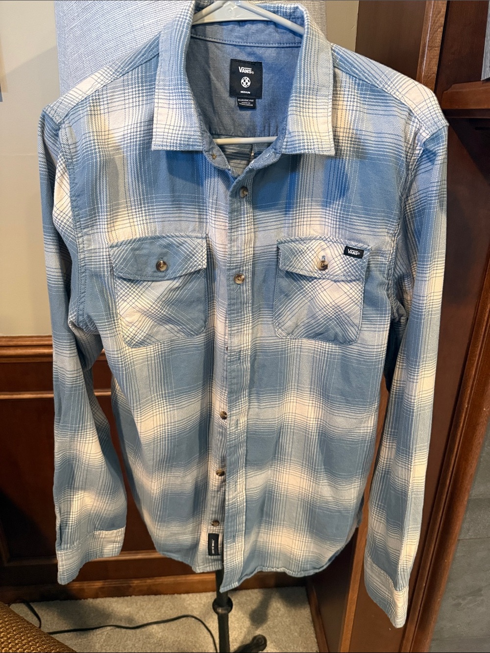 Vans Light Blue and White Plaid Button-Down Shirt